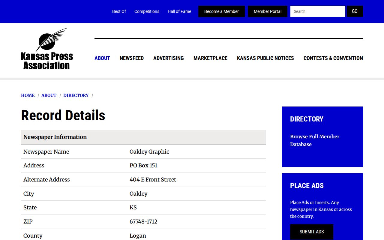 Kansas Press Association listing for Logan County arrest news outlet The Oakley Graphic