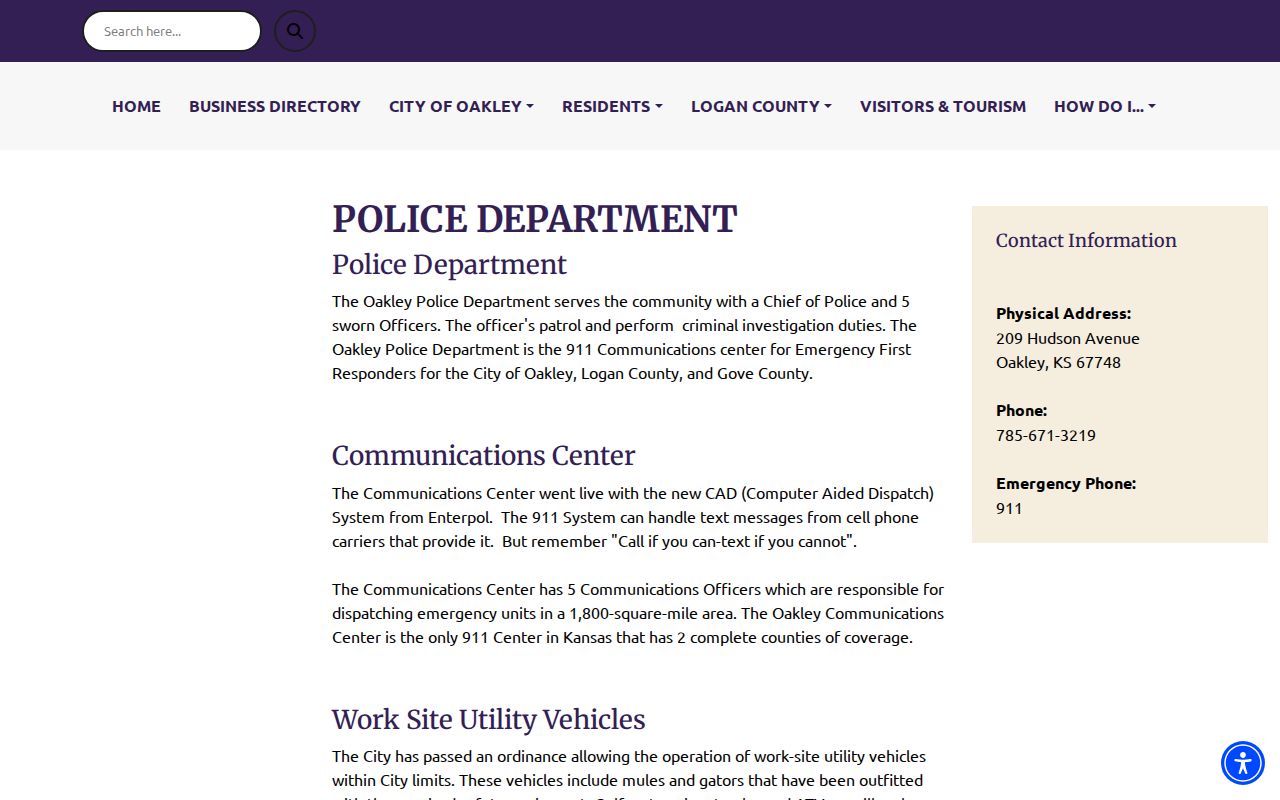 Oakley Police Department official page describing police and dispatch services